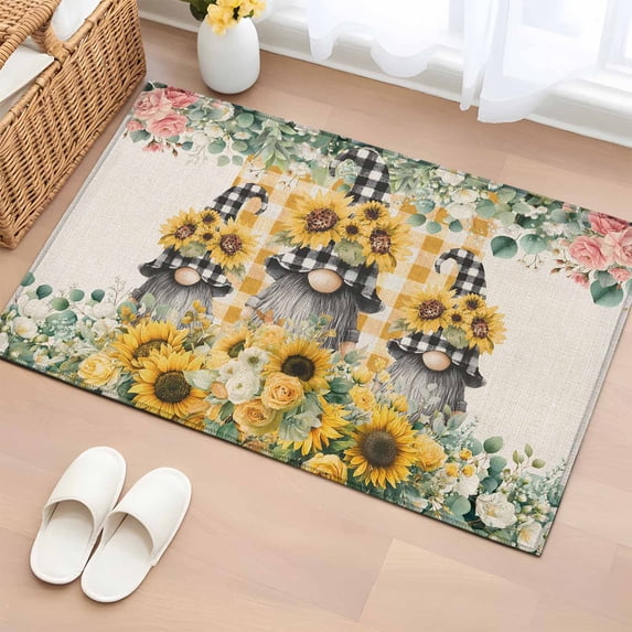Sunflower Gnomes 2'x3' Washable Rug, Spring Eucalyptus Floral Orange Plaid Non-Slip Soft Doormat Area Rugs for Entrance Bathroom Bedsides, Carpet for Kitchen Bedroom, Entryway Floor Mat