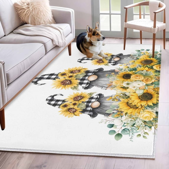 Sunflower Gnomes Area Rug 4x6 Washable Rug Non Slip Spring Eucalyptus Floral Watercolor Large Area Rug Indoor Floor Carpet for Entryway Bedroom Kitchen Living Room Home Office Dining Room Nursery