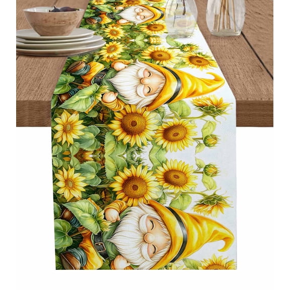 Sunflower Gnomes Burlap Cotton Table Runner 13x36 Inches Short, Spring Summer Botanical Florals Farmhouse Table Runners, Outdoor Dining Tablecloths Decor for Baby Shower/Party/Wedding
