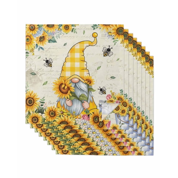Sunflower Gnomes Cloth Napkins Set of 8 Reusable Dinner Napkins, Yellow Sunflower Vintage Leaves Bee Cocktail Napkin Washable Table Napkins for Wedding/Holiday Party/Baby Shower 20"x20"