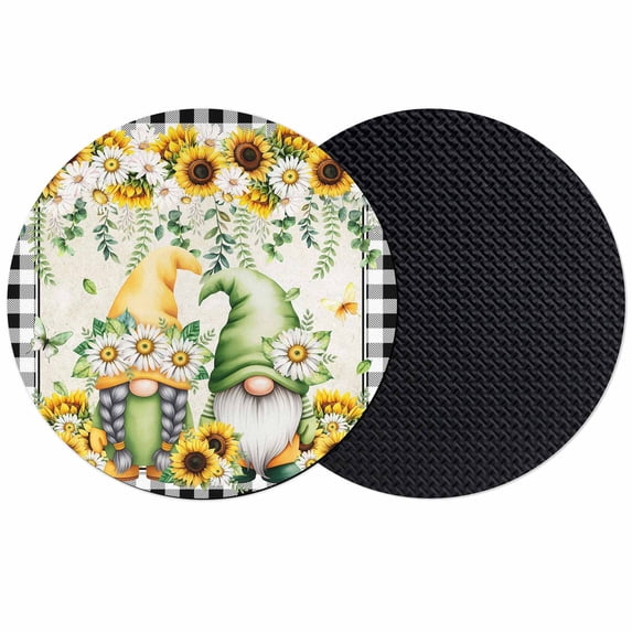 Sunflower Gnomes Coasters Set of 2, Absorbent Coasters for Drinks, Spring Farmhouse Vintage Daisy Leaf Plaid Coaster for Desk Coffee Table Protection, Home Decor House Warming Gifts 4"