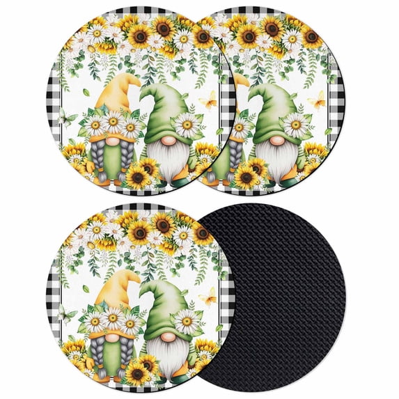 Sunflower Gnomes Coasters Set of 4, Absorbent Coasters for Drinks, Spring Farmhouse Country Daisy Leaf Plaid Coaster for Desk Coffee Table Protection, Home Decor House Warming Gifts 4"