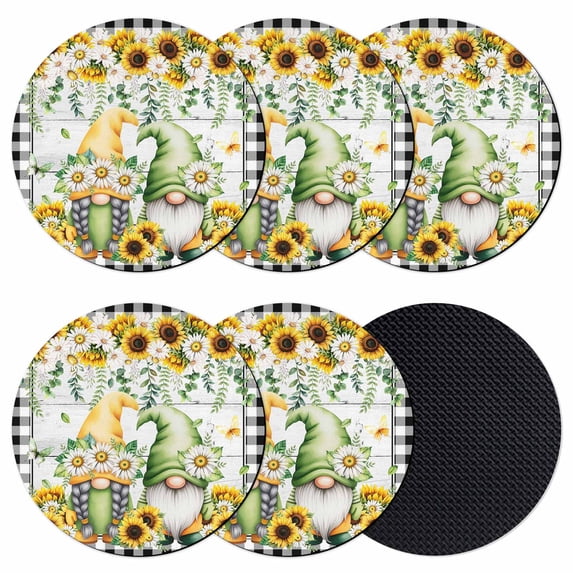 Sunflower Gnomes Coasters Set of 6, Absorbent Coasters for Drinks, Spring Farmhouse Daisy Leaf Wooden Grain Coaster for Desk Coffee Table Protection, Home Decor House Warming Gifts 4"