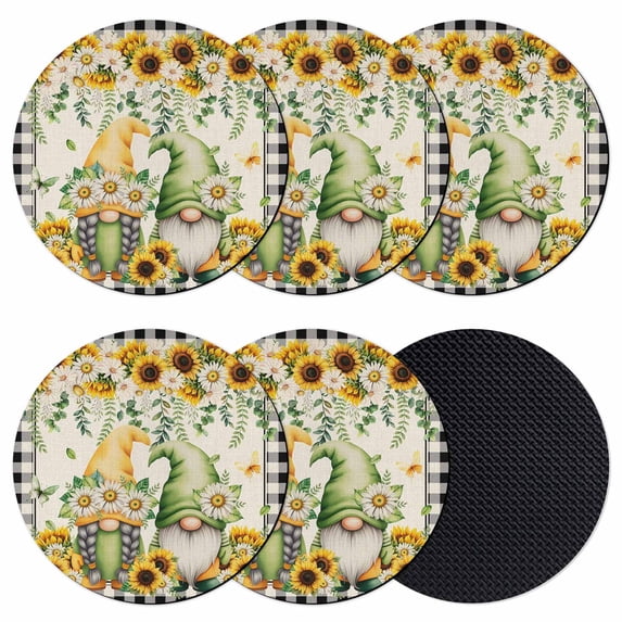 Sunflower Gnomes Coasters Set of 6, Absorbent Coasters for Drinks, Spring Farmhouse Vintage Daisy Floral Leaf Coaster for Desk Coffee Table Protection, Home Decor House Warming Gifts 4"