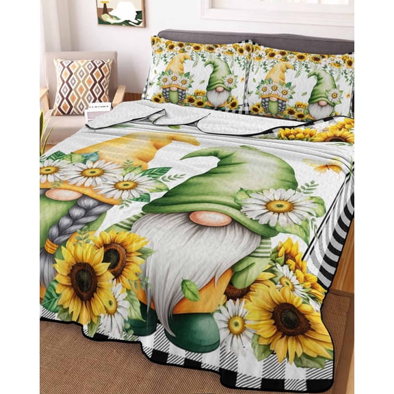 Sunflower Gnomes King Size Down Alternative Comforter,Lightweight Comforter Quilt Bedding Set with Pillow Shams Spring Farmhouse Country Daisy Leaf Plaid Bed Comforter Duvet Insert 96"x106"