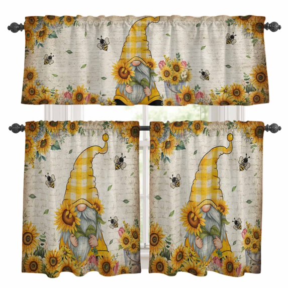Sunflower Gnomes Kitchen Curtains Sets for Windows 24 Inch Length, Farmhouse Leaf Floral Spring Summer Rod Pocket Window Treatments Tier Curtains and Valances Set for Bedroom/Bathroom