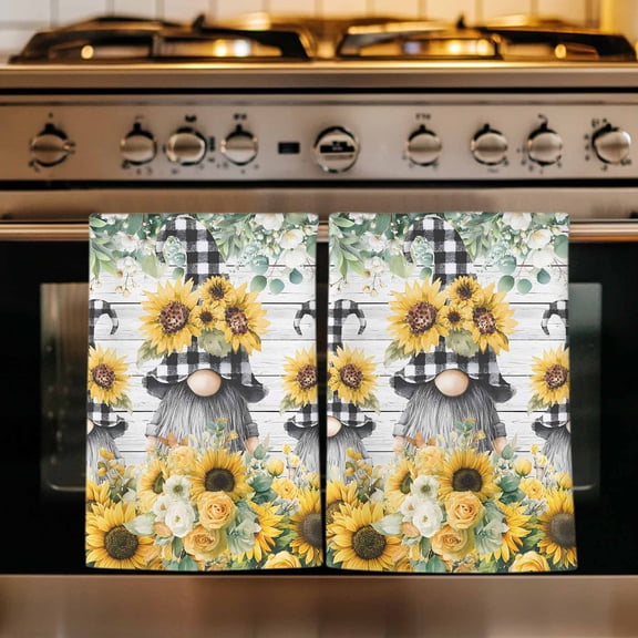 Sunflower Gnomes Kitchen Towels Set of 1, Spring Eucalyptus Floral Gray Wooden Absorbent Dish Towels for Kitchen, Microfiber Hand Towel, Quick Drying Tea Towel for Cleaning Decorative Dishcloths