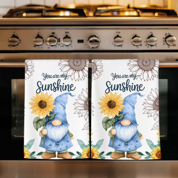 Sunflower Gnomes Kitchen Towels Set of 1, Summer Botanical Elegant Floral Absorbent Dish Towels for Kitchen, Microfiber Hand Towel, Quick Drying Tea Towel for Cleaning Decorative Dishcloths