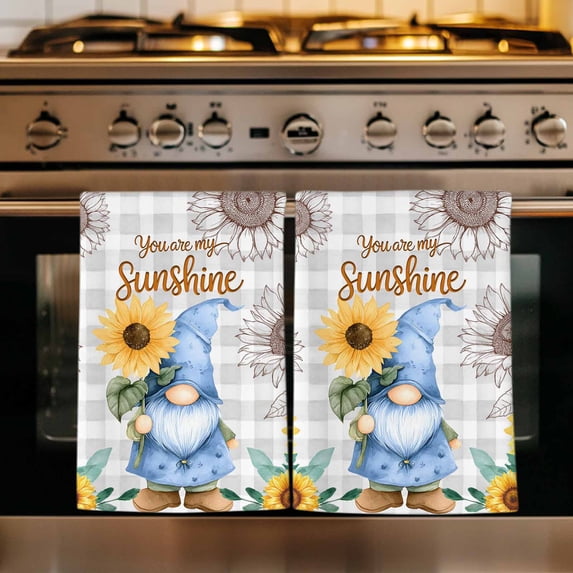 Sunflower Gnomes Kitchen Towels Set of 1, Summer Botanical Floral Grey Plaid Absorbent Dish Towels for Kitchen, Microfiber Hand Towel, Quick Drying Tea Towel for Cleaning Decorative Dishcloths