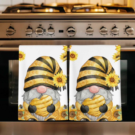 Sunflower Gnomes Kitchen Towels Set of 2, Summer Botanical Bee Yellow Absorbent Dish Towels for Kitchen, Microfiber Hand Towel, Quick Drying Tea Towel for Cleaning Decorative Dishcloths