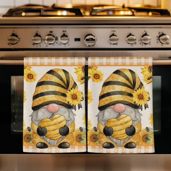 Sunflower Gnomes Kitchen Towels Set of 2, Summer Botanical Bee Yellow Plaid Rustic Absorbent Dish Towels for Kitchen, Microfiber Hand Towel, Quick Drying Tea Towel for Cleaning Decorative Dishcloths