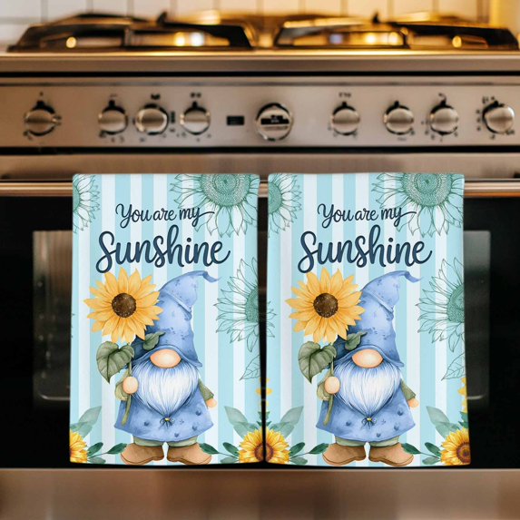 Sunflower Gnomes Kitchen Towels Set of 2, Summer Botanical Floral Teal Striped Absorbent Dish Towels for Kitchen, Microfiber Hand Towel, Quick Drying Tea Towel for Cleaning Decorative Dishcloths