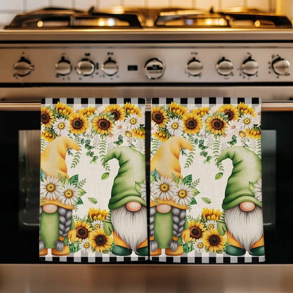 Sunflower Gnomes Kitchen Towels Set of 4, Spring Farmhouse Vintage Daisy Floral Leaf Absorbent Dish Towels for Kitchen, Microfiber Hand Towel, Quick Drying Tea Towel for Cleaning Dishcloths