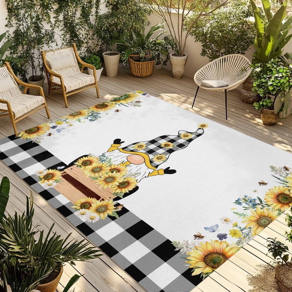 Sunflower Gnomes Outdoor Rug 5x7 Ft - Reversible Patio Rug Outdoor Camping Rugs, Yellow Summer Botanical Farmhouse Washable Indoor Outdoor Area Rugs, Non-Slip Outdoor Carpet Runner for Deck/Porch