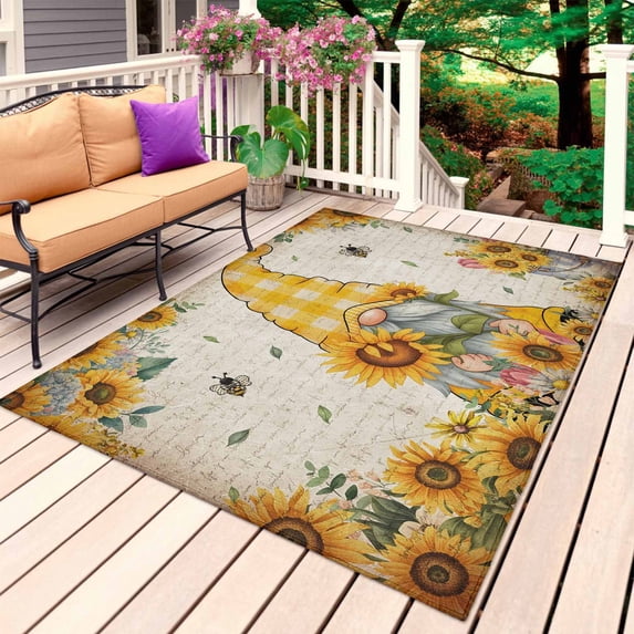 Sunflower Gnomes Outdoor Rug 5x8 Ft, Non Slip Washable Area Rug, Farmhouse Leaf Floral Spring Summer Patio Rugs Carpet Runner, Large Floor Mat for Indoor/Outdoor Deck Porch Camping