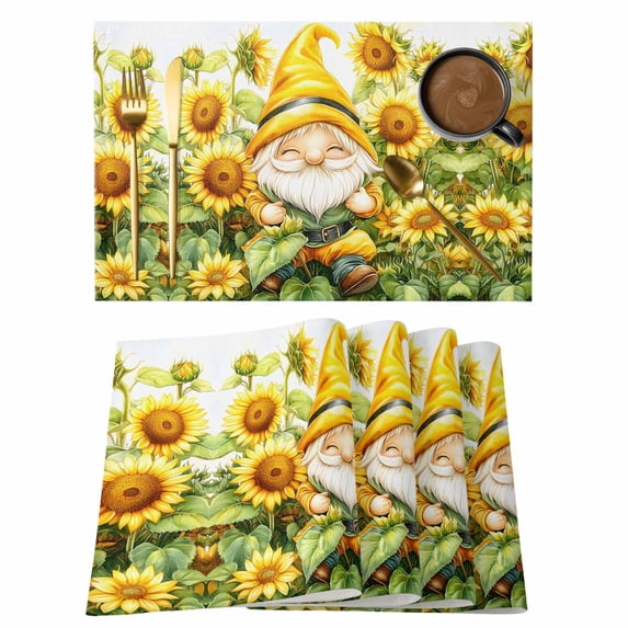 Sunflower Gnomes Placemats Set of 4 Spring Summer Botanical Florals Place Mats Indoor Wipeable Table Mats Washable Cloth Dining Table Placemats for Kitchen Holiday Party Home Decor 13x19 Inch
