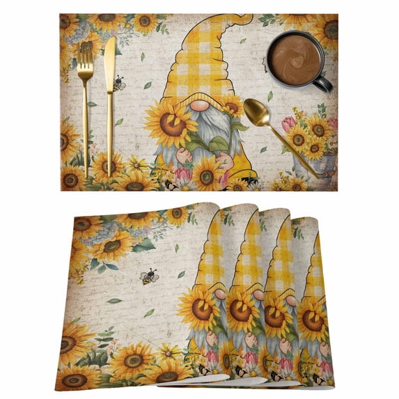 Sunflower Gnomes Placemats Set of 6, Farmhouse Leaf Floral Spring Summer Placemats for Dining Table, Place Mats for Kitchen Tabletop, Waterproof Wipeable Dining Table Mats Set
