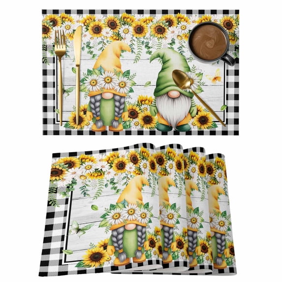 Sunflower Gnomes Placemats Set of 6, Spring Farmhouse Daisy Leaf Wooden Grain Placemats for Dining Table, Place Mats for Kitchen Tabletop, Waterproof Wipeable Dining Table Mats Set