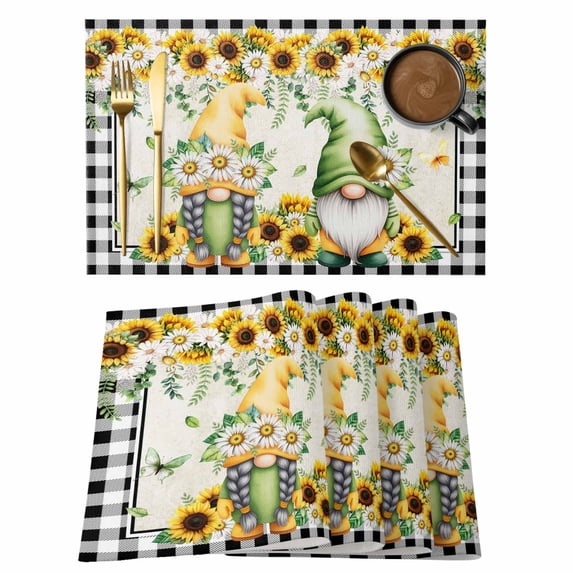 Sunflower Gnomes Placemats Set of 6, Spring Farmhouse Vintage Daisy Leaf Plaid Placemats for Dining Table, Place Mats for Kitchen Tabletop, Waterproof Wipeable Dining Table Mats Set