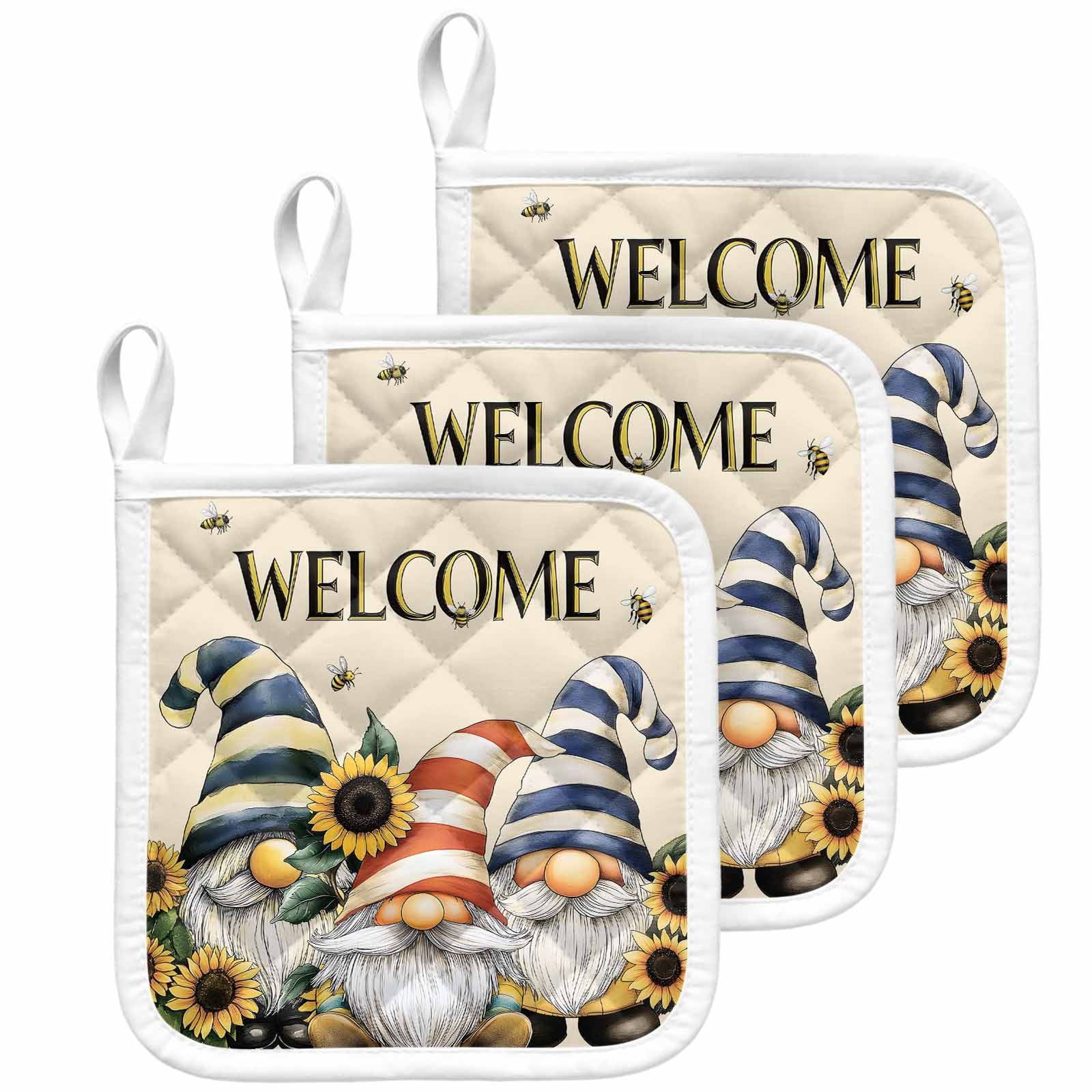 Sunflower Gnomes Pot Holders for Kitchen Heatproof Potholder, 3 Pack Yellow Summer Botanical Striped Bee Vintage Hot Pads Multipurpose Oven Pads Cloth Potholders Trivet for Cooking Baking