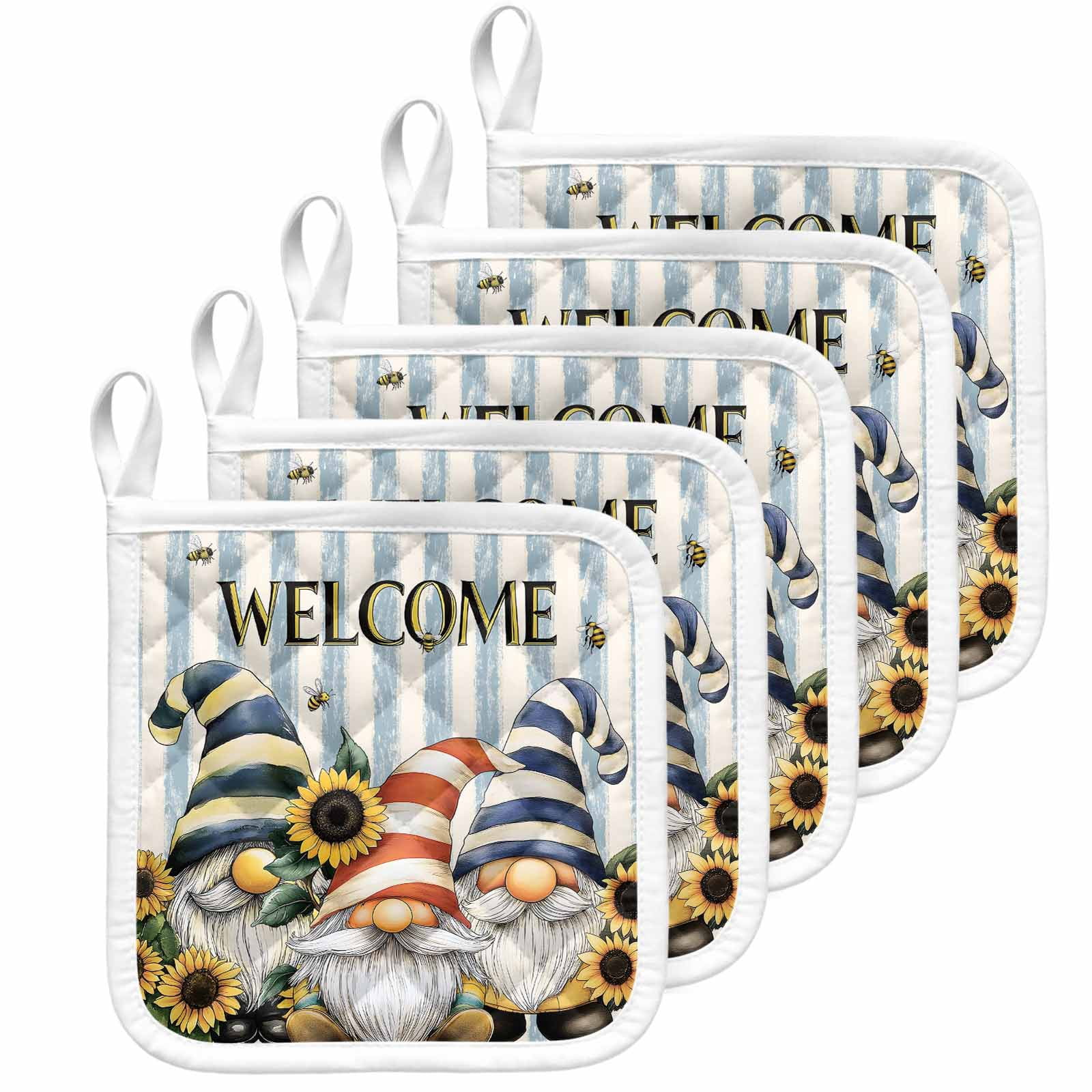 Sunflower Gnomes Pot Holders for Kitchen Heatproof Potholder, 5 Pack Farmhouse Striped Bee Yellow Summer Flower Hot Pads Multipurpose Oven Pads Cloth Potholders Trivet for Cooking Baking