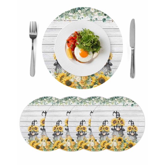 Sunflower Gnomes Round 15 Inch Placemats Set of 4, Spring Eucalyptus Floral Gray Wooden HeatResistant Non Slip Place Mats for Dining Table, Wipeable Braided Kitchen Table Mats for Housewarming