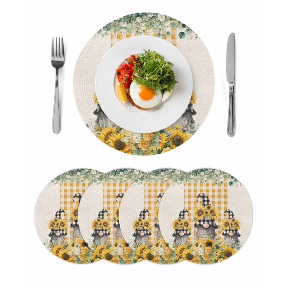 Sunflower Gnomes Round 15 Inch Placemats Set of 4, Spring Eucalyptus Floral Orange Plaid HeatResistant Non Slip Place Mats for Dining Table, Wipeable Braided Kitchen Table Mats for Housewarming