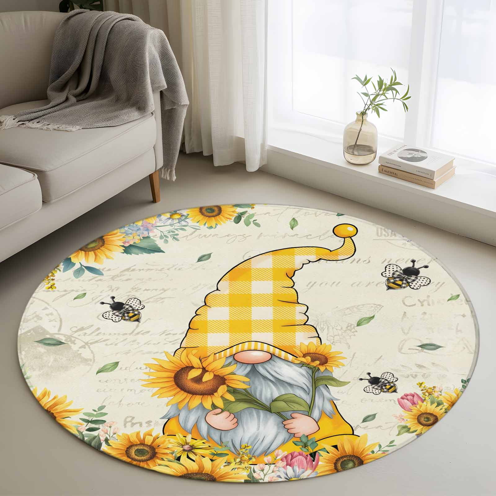 Picture of Sunflower Gnomes Round Area Rug 3 FT, Small Kitchen Bathroom Mat ...