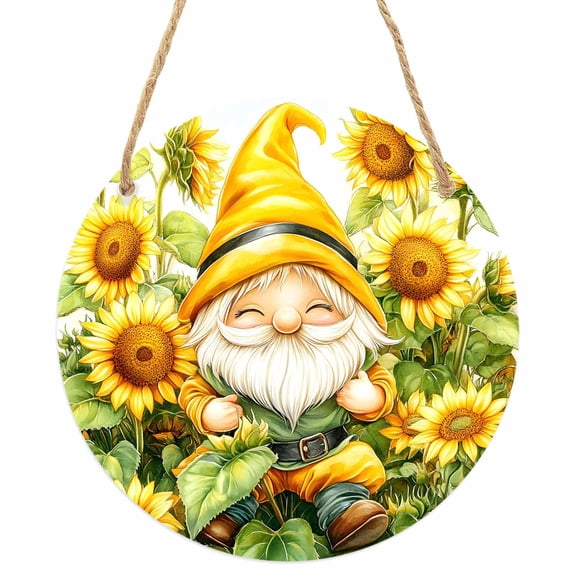 Sunflower Gnomes Round Front Door Welcome Sign, 7.8 Inch Wall Hanging Decor for Indoor Outdoor, Spring Summer Botanical Florals Home Porch Hanger Decorations for Holiday Gift