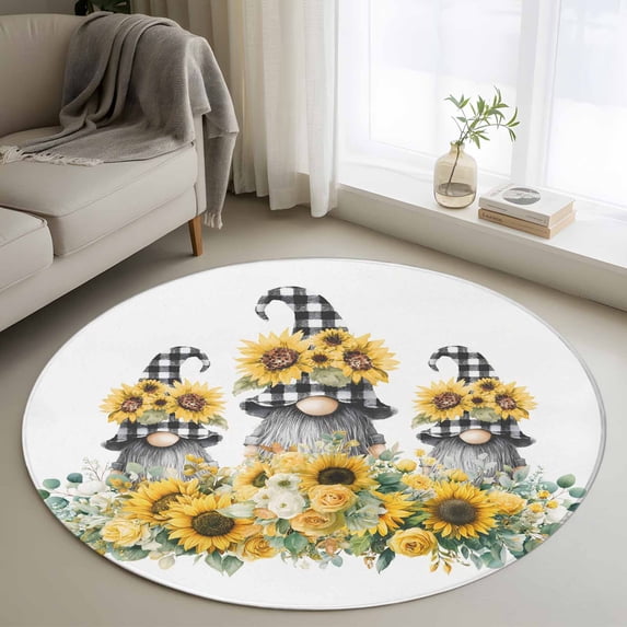 Sunflower Gnomes Round Rug 4ft Washable Circle Entryway Rugs Non Slip Spring Eucalyptus Floral Watercolor Area Rug Indoor Floor Carpet for Bedroom Kitchen Living Room Home Office Dining Room Nursery