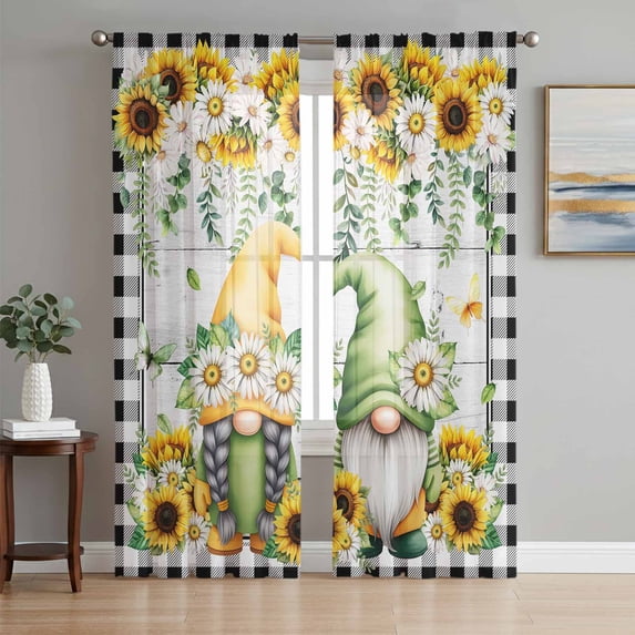 Sunflower Gnomes Sheer Curtains 96 Inch Length 2 Panels Set Window Treatments, Spring Farmhouse Daisy Leaf Wooden Grain Rod Pocket Semi Curtains for Living Room/Bedroom/Kitchen Décor, 104"W x 96"L