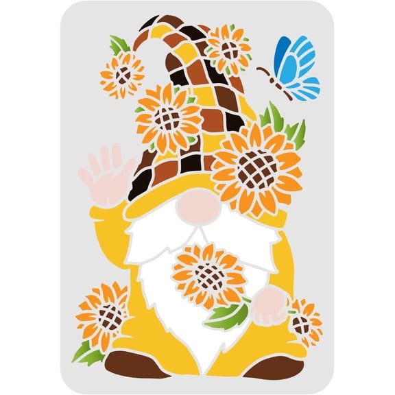 Sunflower Gnomes Stencils 11.7x8.3inch Seasonal Gnomes Stencils Sunflower Sunshine Patterns Template Seasonal Holiday Gnomes Stencils for Painting Wood Wall Furniture DIY