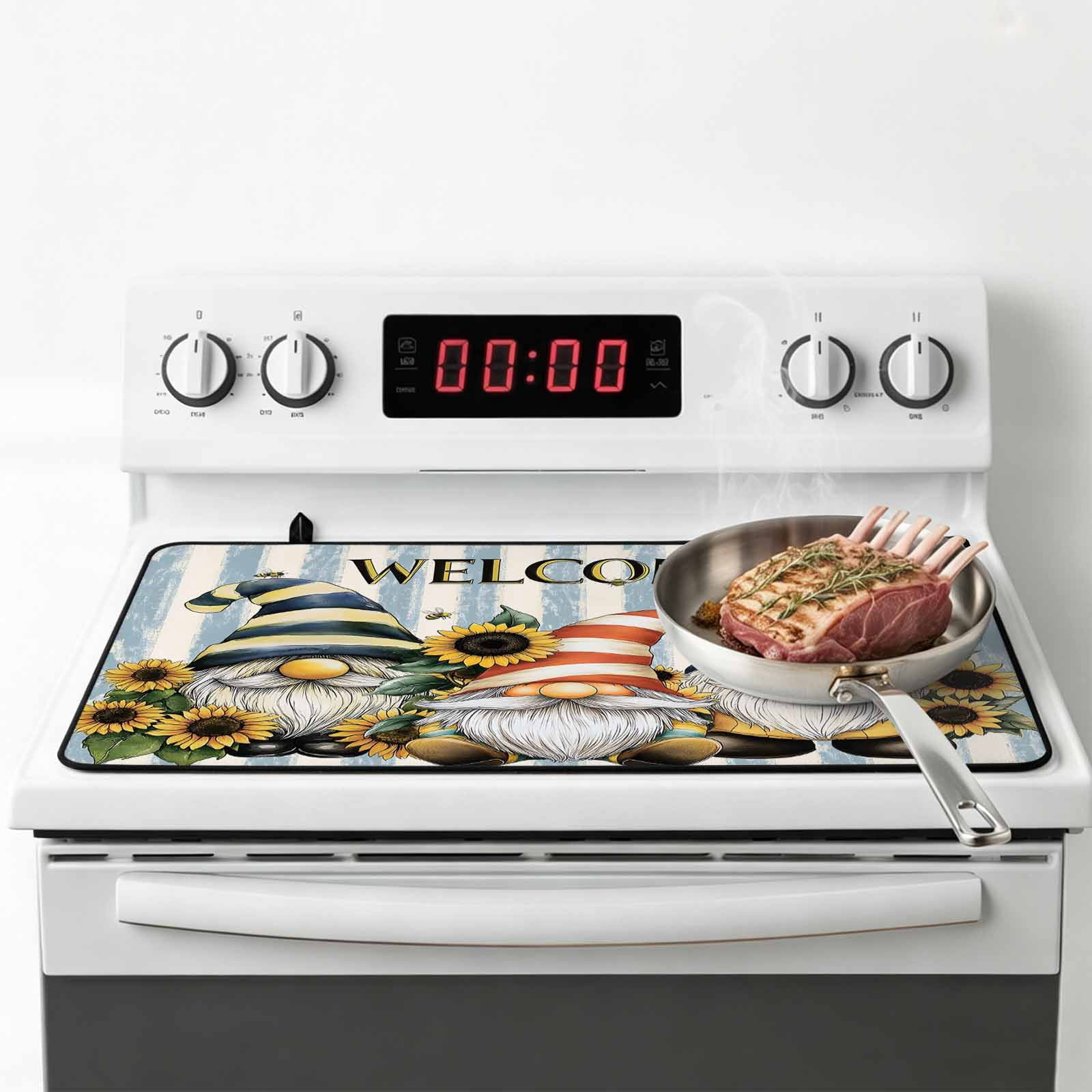 Sunflower Gnomes Stove Top Cover for Electric Stove, Heat-proof & Non Slip Glass Top Stove Cover Protector, Farmhouse Striped Bee Yellow Summer Flower Kitchen Flat Cooktop Rubber Mat 31x24 Inches