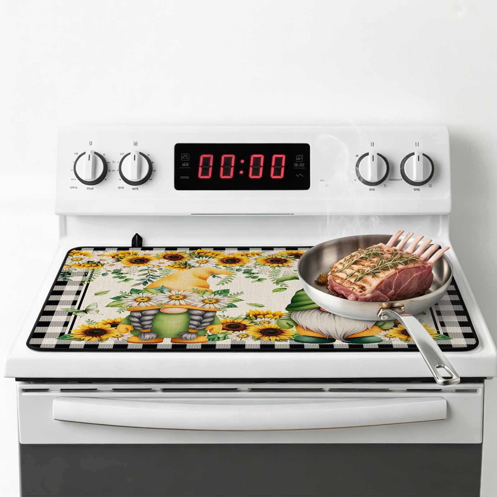 Sunflower Gnomes Stove Top Cover for Electric Stove, Heat-proof & Non Slip Glass Top Stove Cover Protector, Spring Farmhouse Vintage Daisy Floral Leaf Kitchen Flat Cooktop Rubber Mat 24x21 Inches