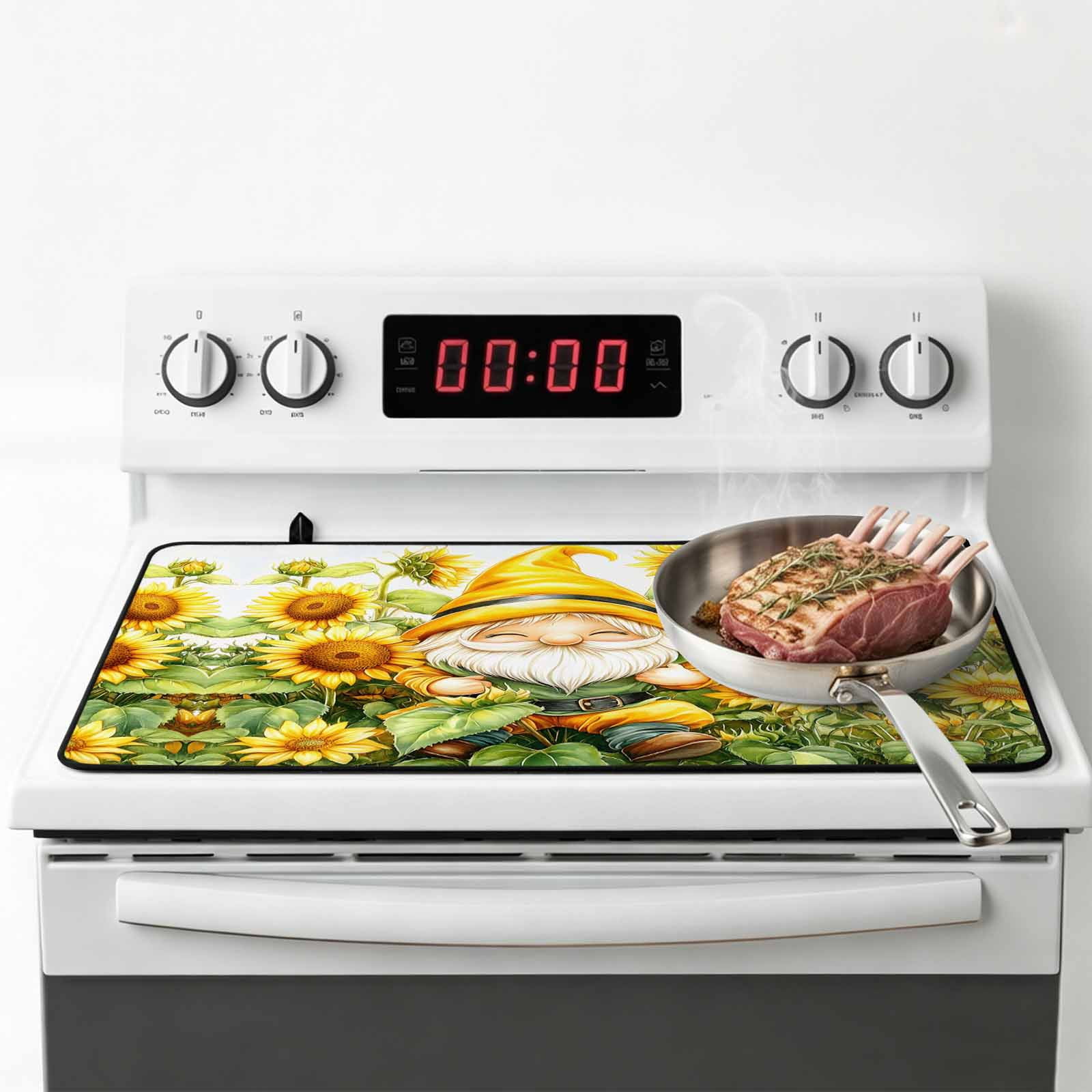 Sunflower Gnomes Stove Top Cover for Electric Stove, Heat-proof & Non Slip Glass Top Stove Cover Protector, Spring Summer Botanical Florals Kitchen Flat Cooktop Rubber Mat 28.5x20.5 Inches