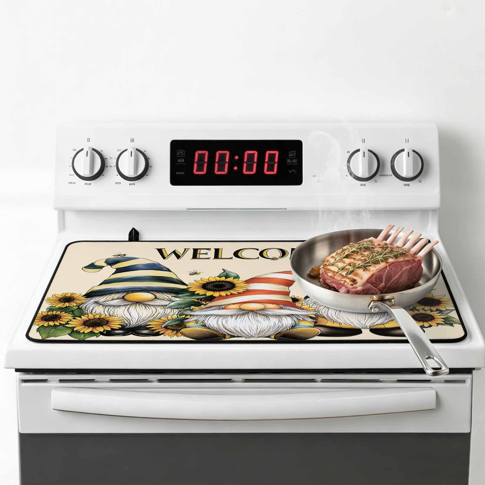 Sunflower Gnomes Stove Top Cover for Electric Stove, Heat-proof & Non Slip Glass Top Stove Cover Protector, Yellow Summer Botanical Striped Bee Vintage Kitchen Flat Cooktop Rubber Mat 24x21 Inches