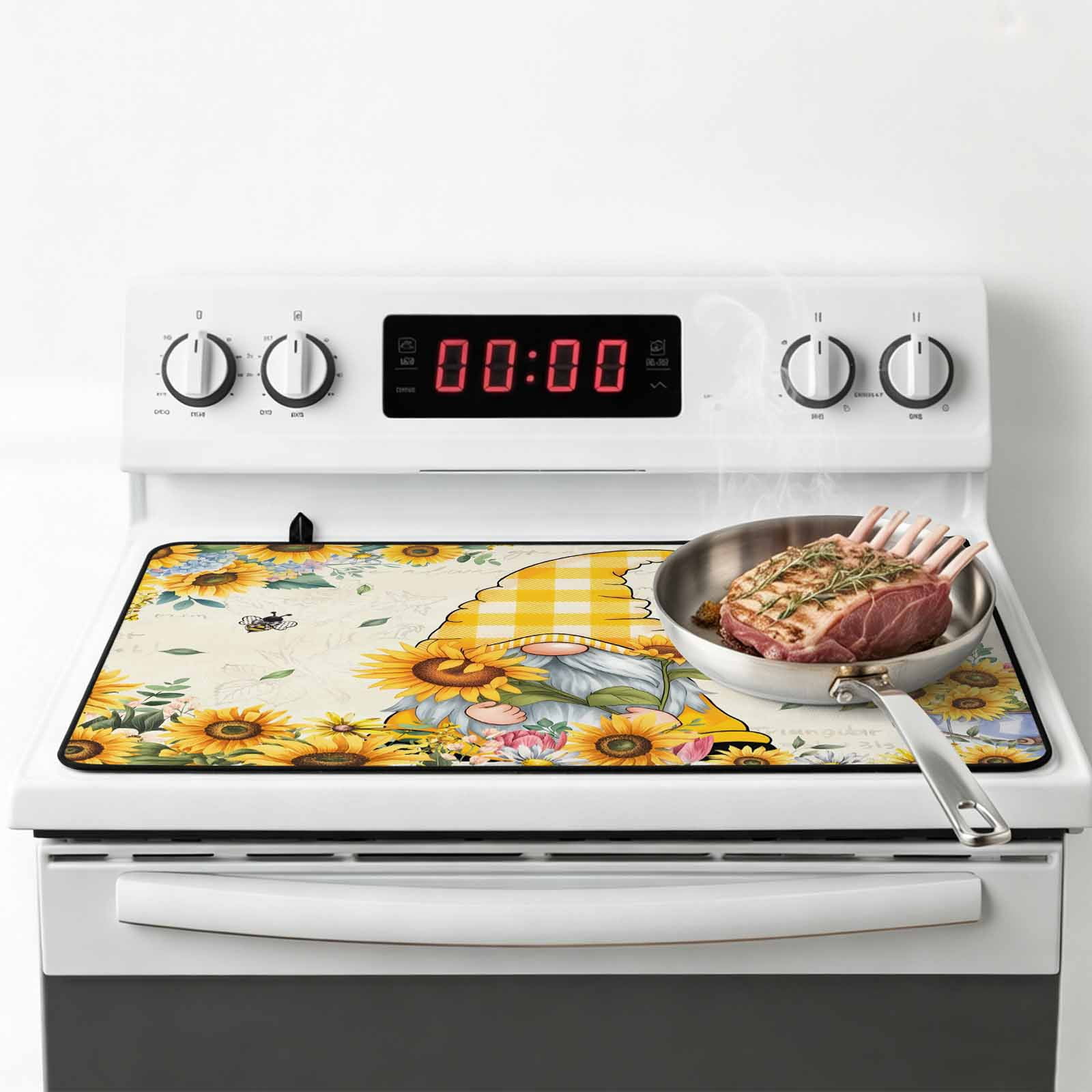 Sunflower Gnomes Stove Top Cover for Electric Stove, Heat-proof & Non Slip Glass Top Stove Cover Protector, Yellow Sunflower Vintage Leaves Bee Kitchen Flat Cooktop Rubber Mat 36x21 Inches