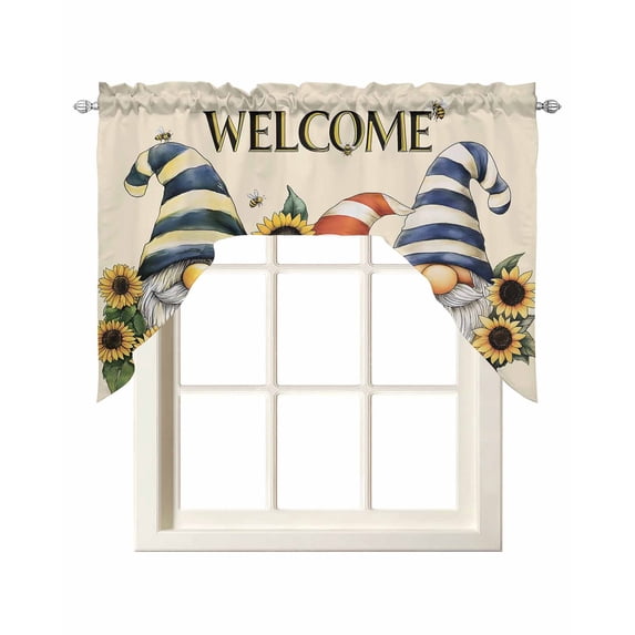 Sunflower Gnomes Swag Valances for Windows, Small Curtains Drapes, Yellow Summer Botanical Striped Bee Vintage Kitchen Window Curtains Over Sink Window Treatment Valance for Bedroom/Bathroom 56"x36"