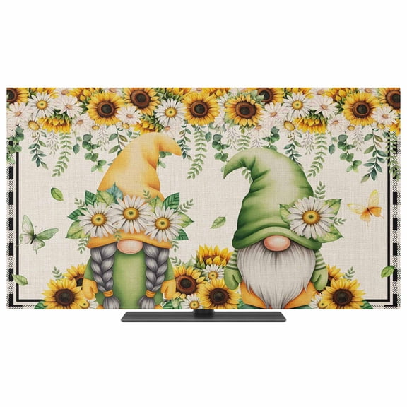 Sunflower Gnomes TV Dust Cover,Stretchable TV Screen Desktop Computer Protector Cover,Spring Farmhouse Vintage Daisy Floral Leaf Television Dustproof Slipcover for 19–24 Inch Flat or Curved TVs