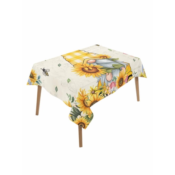 Sunflower Gnomes Table Cloth, Yellow Sunflower Vintage Leaves Bee Waterproof Tablecloth for Rectangle Tables, Reusable Washable Fabric Table Cover for Restaurant Kitchen Dining Tables 52"x70"