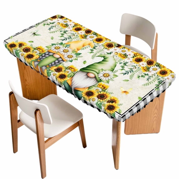 Sunflower Gnomes Table Cloths for 4 Foot Rectangle Tables, Spring Farmhouse Vintage Daisy Leaf Plaid Patio Waterproof Elastic Fitted Tablecloths, Washable Rectangular Table Cover for Camping