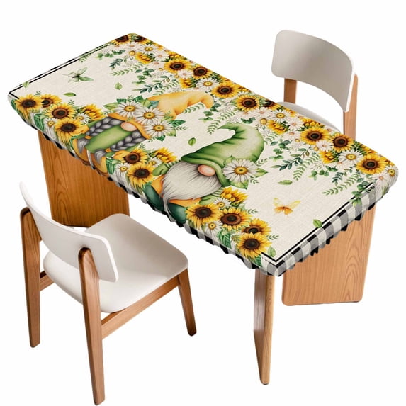 Sunflower Gnomes Table Cloths for 5 Foot Rectangle Tables, Spring Farmhouse Vintage Daisy Floral Leaf Patio Waterproof Elastic Fitted Tablecloths, Washable Rectangular Table Cover for Camping