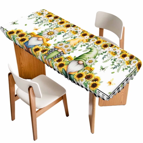 Sunflower Gnomes Table Cloths for 8 Foot Rectangle Tables, Spring Farmhouse Country Daisy Leaf Plaid Patio Waterproof Elastic Fitted Tablecloths, Washable Rectangular Table Cover for Camping