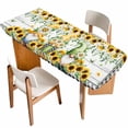thumbnail image 1 of Sunflower Gnomes Table Cloths for 8 Foot Rectangle Tables, Spring Farmhouse Daisy Leaf Wooden Grain Patio Waterproof Elastic Fitted Tablecloths, Washable Rectangular Table Cover for Camping, 1 of 8