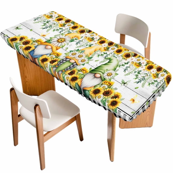Sunflower Gnomes Table Cloths for 8 Foot Rectangle Tables, Spring Farmhouse Daisy Leaf Wooden Grain Patio Waterproof Elastic Fitted Tablecloths, Washable Rectangular Table Cover for Camping