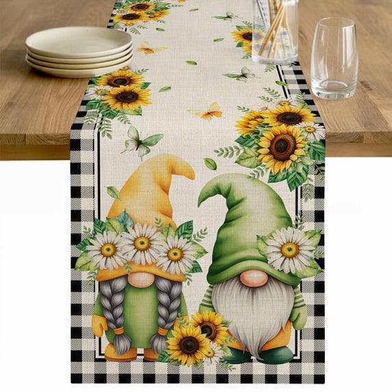 Sunflower Gnomes Table Runner - 108 Inch Long Spring Farmhouse Vintage Daisy Floral Leaf Cotton and Linen Blended Dress Scarves Farmhouse Table Runner for Kitchen Dining, Coffee Table, 13" x 108"