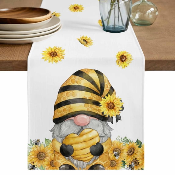 Sunflower Gnomes Table Runner 120 Inches, Summer Botanical Bee Yellow Bed Runner Dresser Scarves Tabletop for Indoor Outdoor Parties/Ceremony/Banquet, 13"x 120"