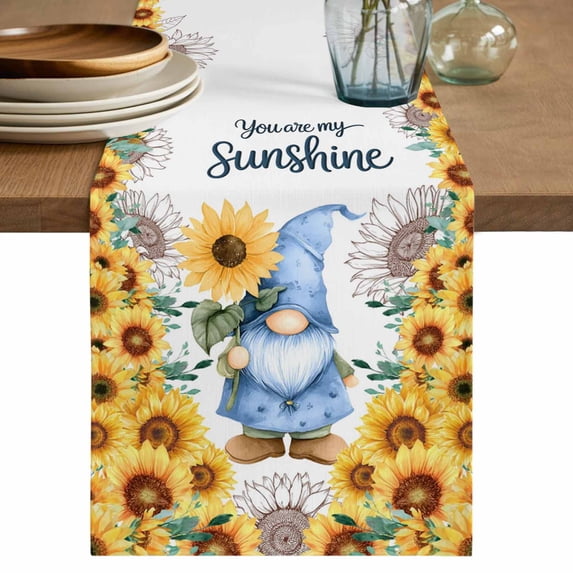Sunflower Gnomes Table Runner 36 Inches, Summer Botanical Elegant Floral Bed Runner Dresser Scarves Tabletop for Indoor Outdoor Parties/Ceremony/Banquet, 13"x 36"