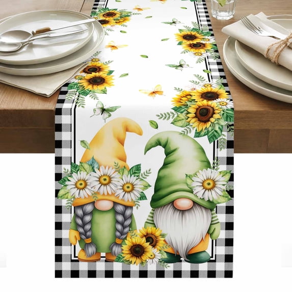 Sunflower Gnomes Table Runner - 60 Inch Long, Kitchen Dining Table Runner Dresser Scarves, Spring Farmhouse Country Daisy Leaf Plaid Farmhouse Decor for Coffee Tables Wedding Party Banquet