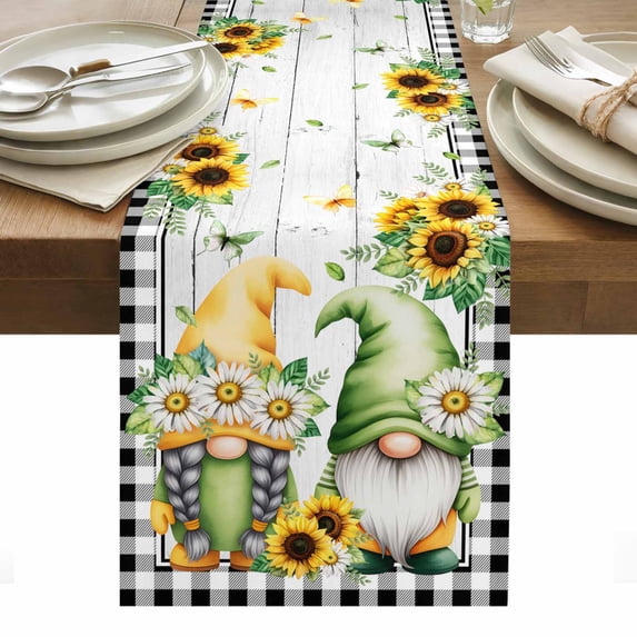 Sunflower Gnomes Table Runner - 60 Inch Long, Kitchen Dining Table Runner Dresser Scarves, Spring Farmhouse Daisy Leaf Wooden Grain Farmhouse Decor for Coffee Tables Wedding Party Banquet